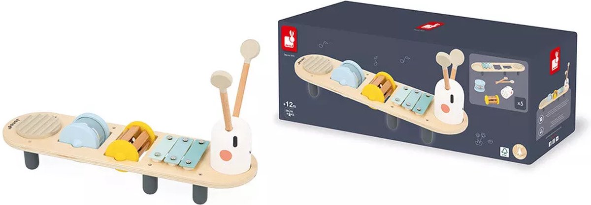 Janod sweet cocon - chenille de table musicale - 5 activités sonores pour créer des mélodies - avec 3 hochets amovibles - dès 12 mois