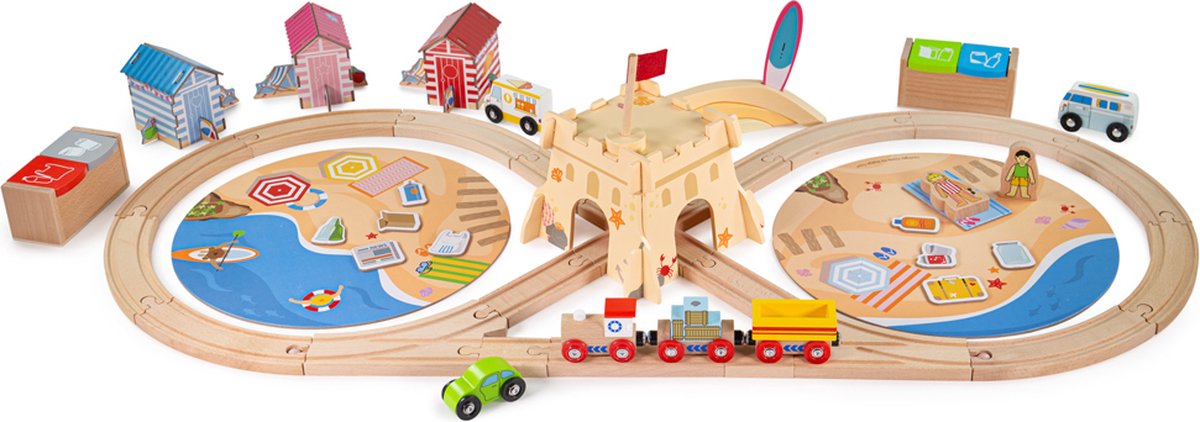 Coffret de train en bois Bigjigs nettoyant la côte maritime, 70 pièces.