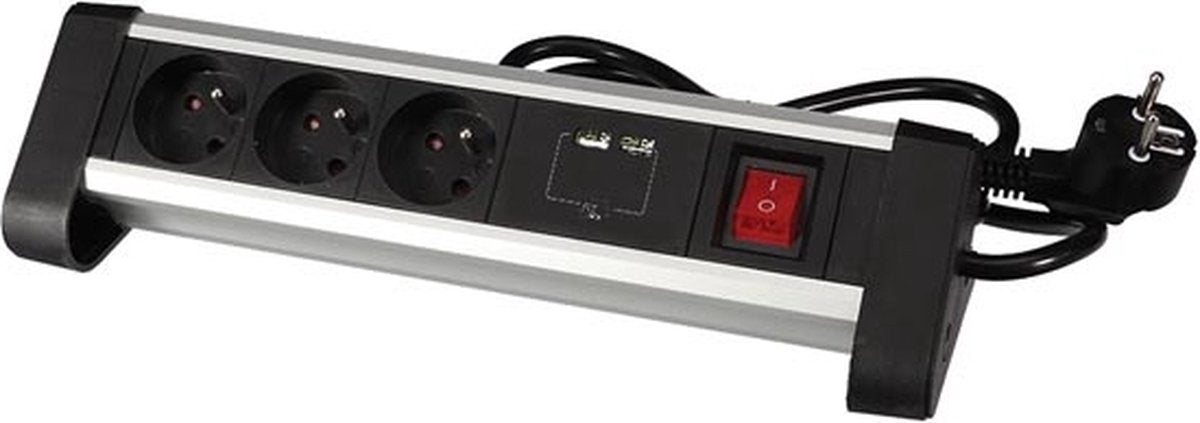 Multiprise Perel avec interrupteur, 3 prises avec broche terre (type e), 2 ports USB, câble 1,4 m, 3g1,5, usage intérieur, gris noir