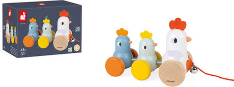Janod - figurine à tirer en bois poules et poussins - avec des poules qui se dandinent et une cloche qui sonne - à partir de 18 mois