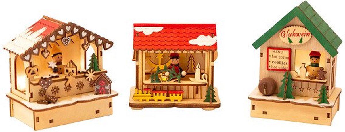 Small foot - décoration de marché de Noël en bois avec lumières, lot de 3