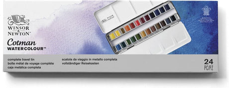 Winsor Newton 0390645 Ensemble de peinture aquarelle Cotman – Boîte à dessin en métal – 24 demi-godets