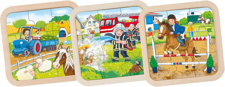 Goki Wooden Jigsaw Puzzle Farm, pompiers, cheval, 9e.