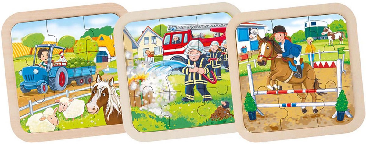 Puzzle en bois Goki - lot de 3 - pompiers, tracteur, cheval - 9 pièces