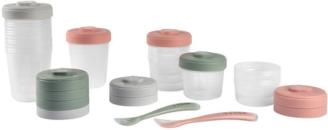 Béaba - bocaux de conservation - lot de 12 - 2x90ml, 4x150ml, 6x250ml + 2 cuillères en silicone - hermétique - micro-ondes - vert rose - sans BPA