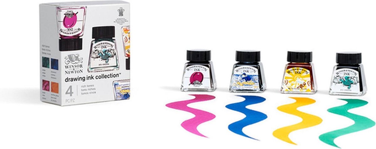 Winsor Newton 1090104 Set d'encres à dessin "Rich Tones" 4x14ml - Encre transparente à séchage rapide pour pinceau, stylo et aérographe - collection d'encres à dessin