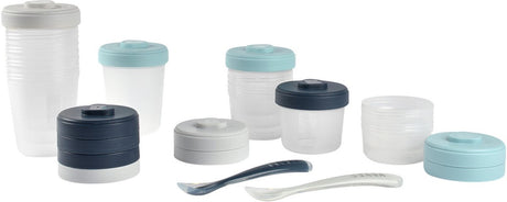 Béaba - bocaux de conservation - lot de 12 - 2x90ml, 4x150ml, 6x250ml + 2 cuillères en silicone - hermétique - micro-ondes - bleu gris - sans BPA
