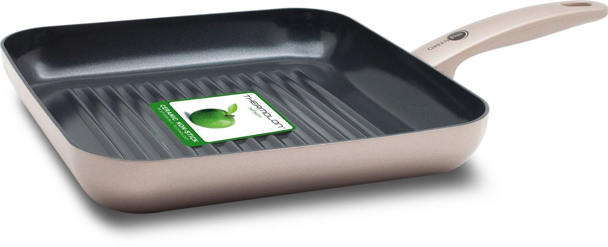Poêle grill Greenpan Cambridge 28x28 cm - revêtement antiadhésif sans PFA - poêle grill induction - poêle céramique - passe au four jusqu'à 180°c - poignées froides - bronze