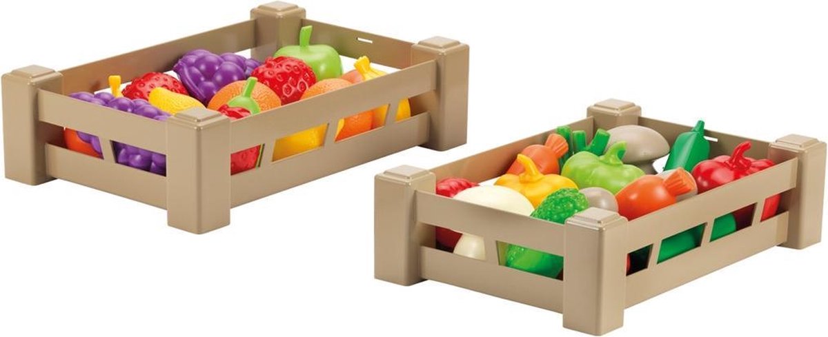 Caisse Ecoffier avec fruits et légumes en plastique assortis