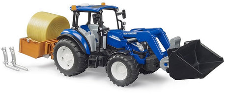 Bruder new holland t5.120 + chargeur frontal, godet, fourches + balles rondes 1:16