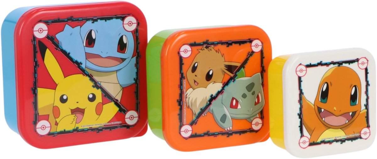 Stor Pokémon Boîtes à goûter 3 en 1 - 3 tailles - carrées - bien fermées - boîtes à lunch pour enfants - couvercle amovible - adaptées aux biscuits, fruits et collations - bleu jaune vert