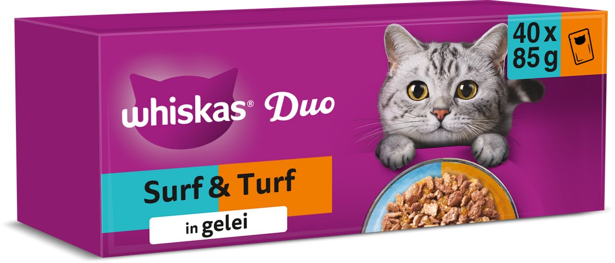 Nourriture pour chat Whiskas - adulte 1+ - sélection duo surf turf en gelée - 40x85g