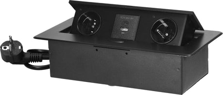 Multiprise de bureau Orno avec USB A C - multiprise escamotable avec 2 prises - fiche de distribution intégrée avec finition en acier inoxydable - boîtier de distribution avec câble de 1,5 mètre - pour max. 3680 watts - broche de terre - noir