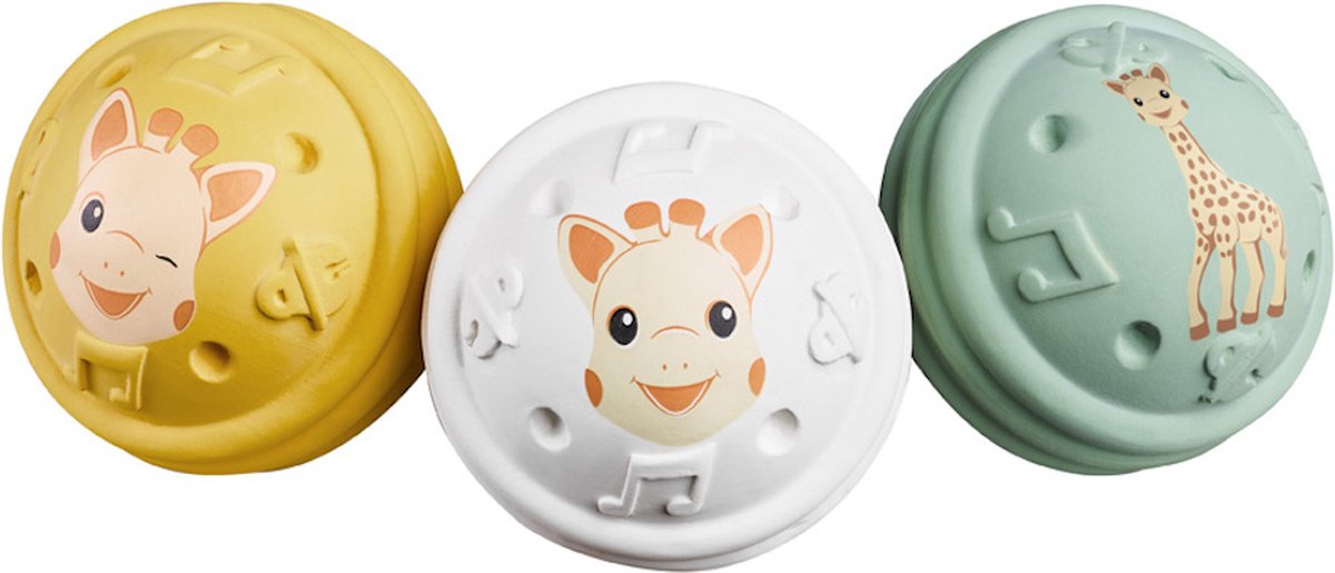 Jouets musicaux Sophie la girafe - collection 5 sens - jouet balle - jouets bébé - 100% caoutchouc naturel - ok-biosourcé - à partir de 3 mois - jaune blanc vert - 3 pièces