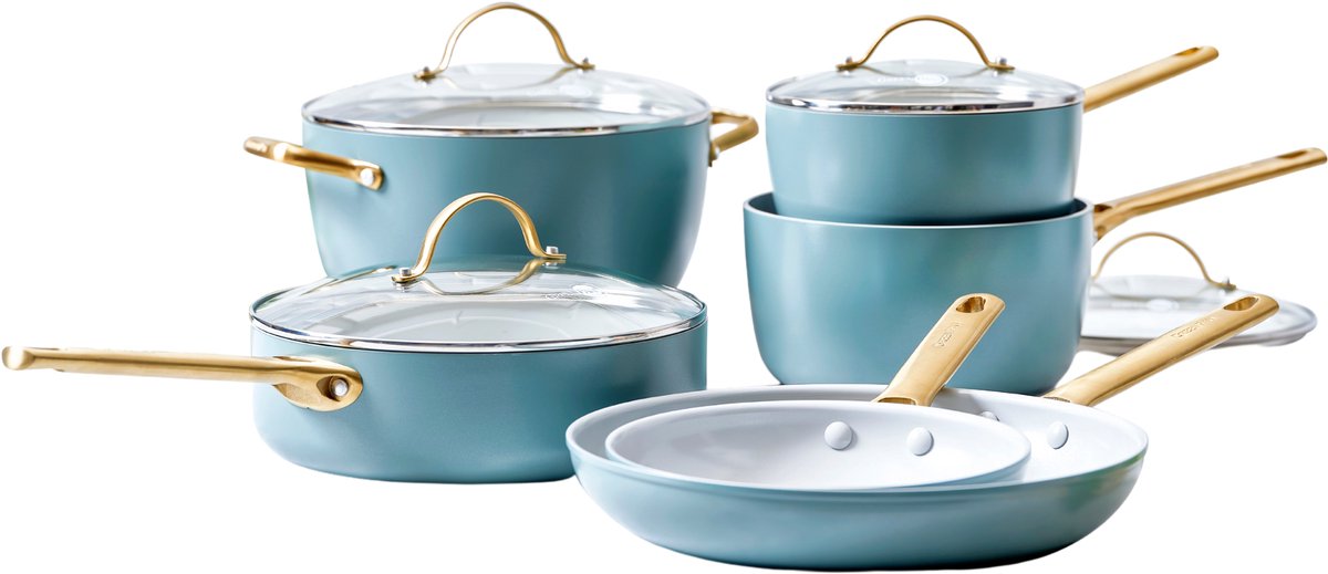 Greenpan padova ensemble de poêles bleu fumé 10 pièces - 18-28 cm - revêtement antiadhésif sans PFA - ensemble de poêles à induction - poêle en céramique - avec couvercles - va au four jusqu'à 200 degrés - bleu fumé