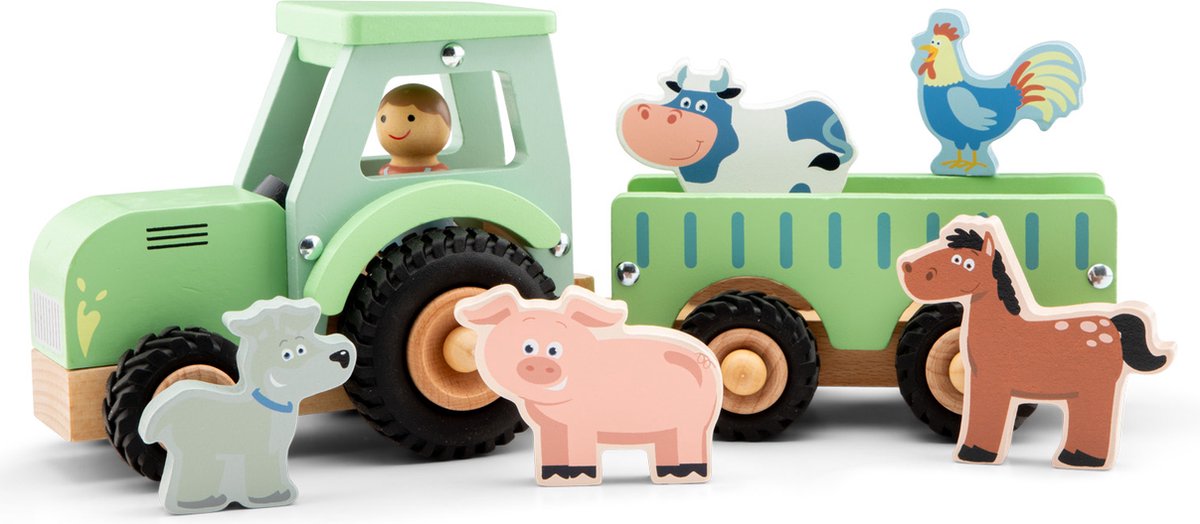 Woet ® houten tractor met aanhanger - inclusief 5 boerderijdieren - groen - educatief speelvoertuig - rollenspel speelgoed - vanaf 18 maanden