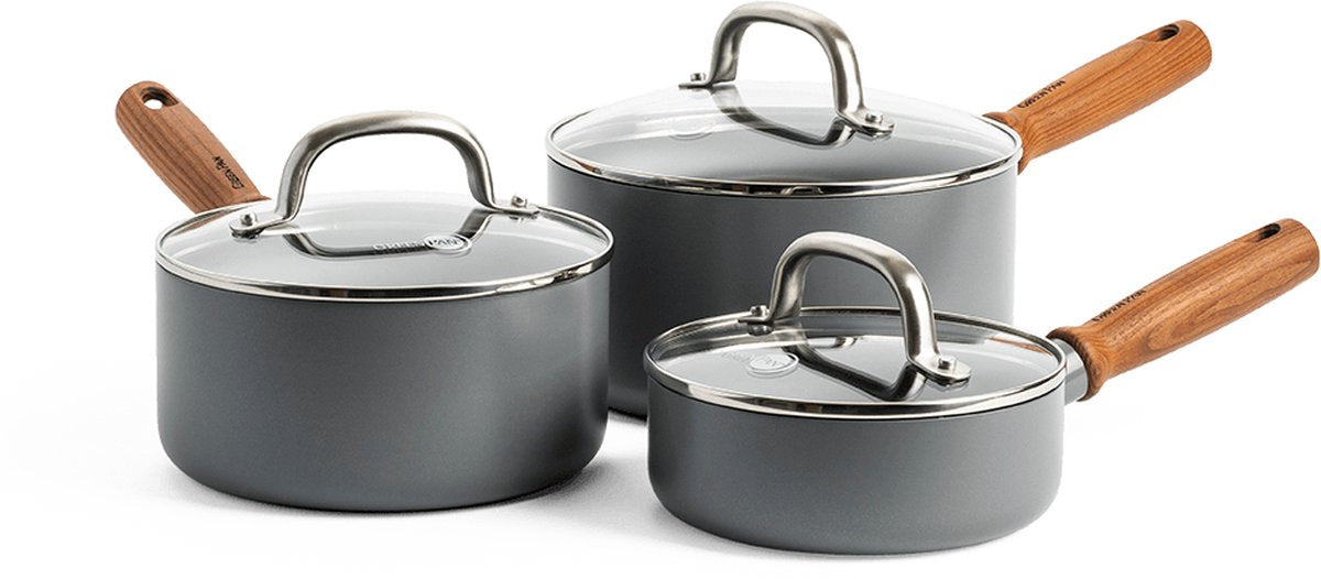 Greenpan mayflower pro set de casseroles en céramique 6 pièces - 16, 18 et 20 cm - set de casseroles à induction - set de casseroles à induction - casserole à induction - avec couvercles en verre - sans PFA - gris - manche en bois