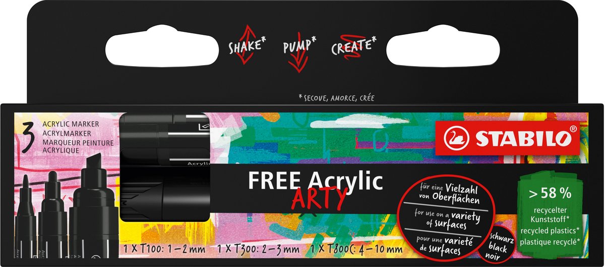 Stabilo free - marqueur acrylique - jeu de pointes mixtes - noir - 3 tailles de pointe différentes
