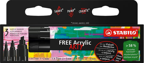 Stabilo free - marqueur acrylique - jeu de pointes mixtes - noir - 3 tailles de pointe différentes