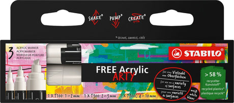 Stabilo free - marqueur acrylique - jeu de pointes mixtes - blanc - 3 tailles de pointe différentes