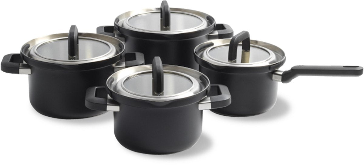Bk flow cool black pannenset 4-delig - 16 18 20cm - rvs pannenset - inductie pannenset - ovenbestendig tot 160°c - koudgrepen - met deksel - zwart