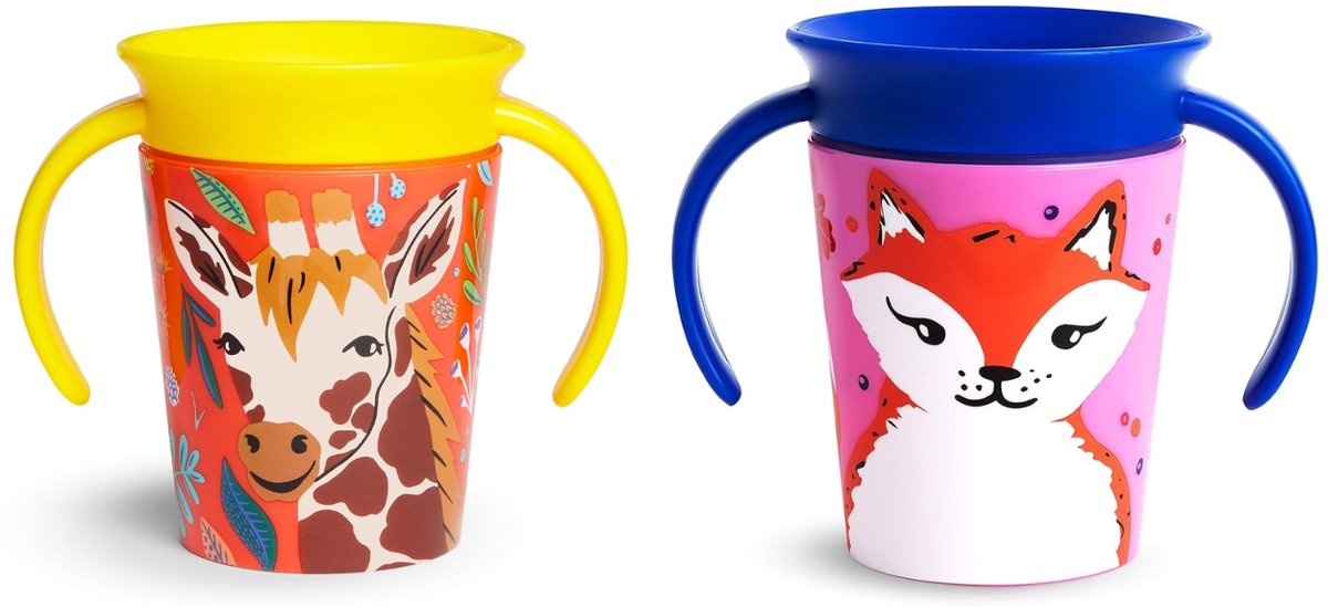 Munchkin miracle drinkbeker - wildlove trainer cup - anti-lek 360° cup - 2-pack - oefenbeker voor baby en kind - giraffe vos - 177ml