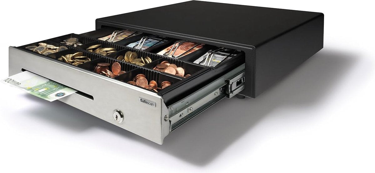 Tiroir-caisse robuste Safescan HD-4141s qui protège votre argent - tiroir-caisse avec 4 compartiments à billets et 8 plateaux pour pièces - système de caisse enregistreuse avec connexion RJ-12 - tiroir-caisse robuste de 41 x 41,5 x 11,5 cm