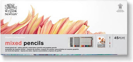 Winsor Newton 2090001 Studio Collection Ensemble de crayons mixtes 45 pièces – Crayons aquarelle, de couleur et graphite avec pinceau, taille-crayon et bloc de papier