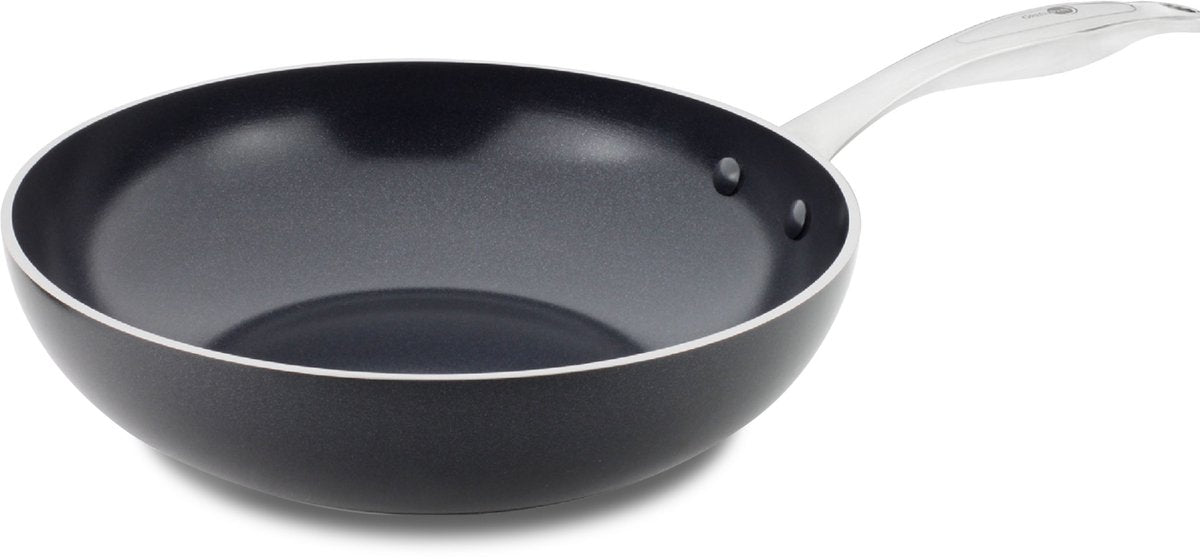 Greenpan brussels poêle wok induction céramique sans couvercle ø28cm - 3,6l - sans pfas - poêle wok induction - passe au four jusqu'à 220°c - passe au lave-vaisselle - chauffe rapide - poignées inox - noir