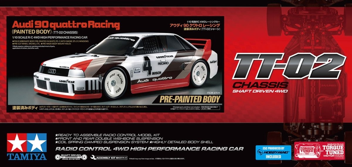 Tamiya modèle kit voiture - 47511 voiture rc - audi 90 quattro racing - tt-02 - carrosserie pré-peinte rc plastique - 1:10 - modélisme