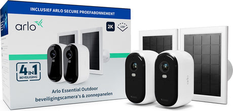 Caméra de sécurité extérieure sans fil Arlo essential 2k et panneaux solaires - 2 caméras 2 panneaux solaires