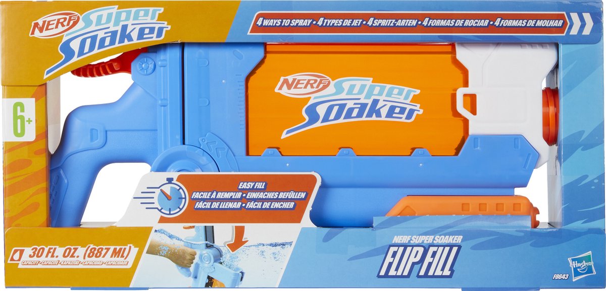 Nerf Super Soaker Flip Fill Water Blaster, 4 styles de pulvérisation, remplissage rapide, réservoir de 887 ml, jouet aquatique