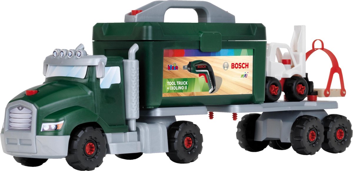Klein Toys Bosch Ixolino II Ensemble de chariot à outils - 86 pièces - incl. tournevis sans fil, boîte à outils, remorque, grue et chariot élévateur - vert