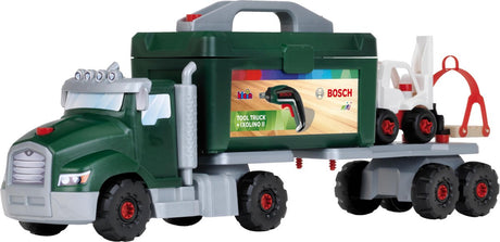 Klein Toys Bosch Ixolino II Ensemble de chariot à outils - 86 pièces - incl. tournevis sans fil, boîte à outils, remorque, grue et chariot élévateur - vert