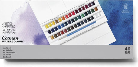 Winsor Newton 0390471 Cotman Studio Ensemble de peinture aquarelle – 45 demi-godets – Palette complète de 40 couleurs avec palettes de mélange de pinceaux
