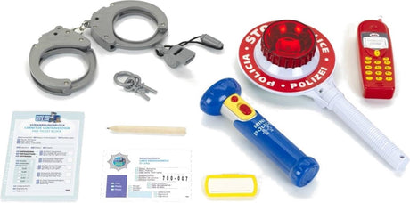 Klein Toys Ensemble de police 10 pièces - menottes avec clé, téléphone portable, sifflet, pelle de police avec lumière clignotante et lampe de poche - rouge blanc bleu