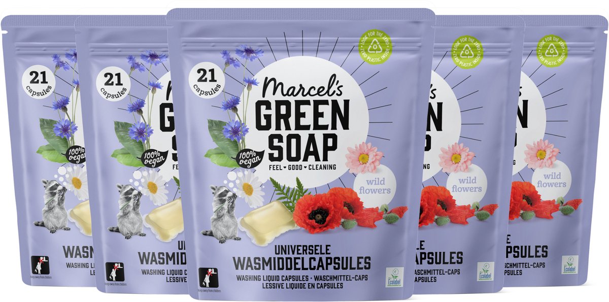 Marcel's green soap wascapsules - wasmiddel pods - wilde bloemen - 5 x 21 stuks - 105 wasbeurten