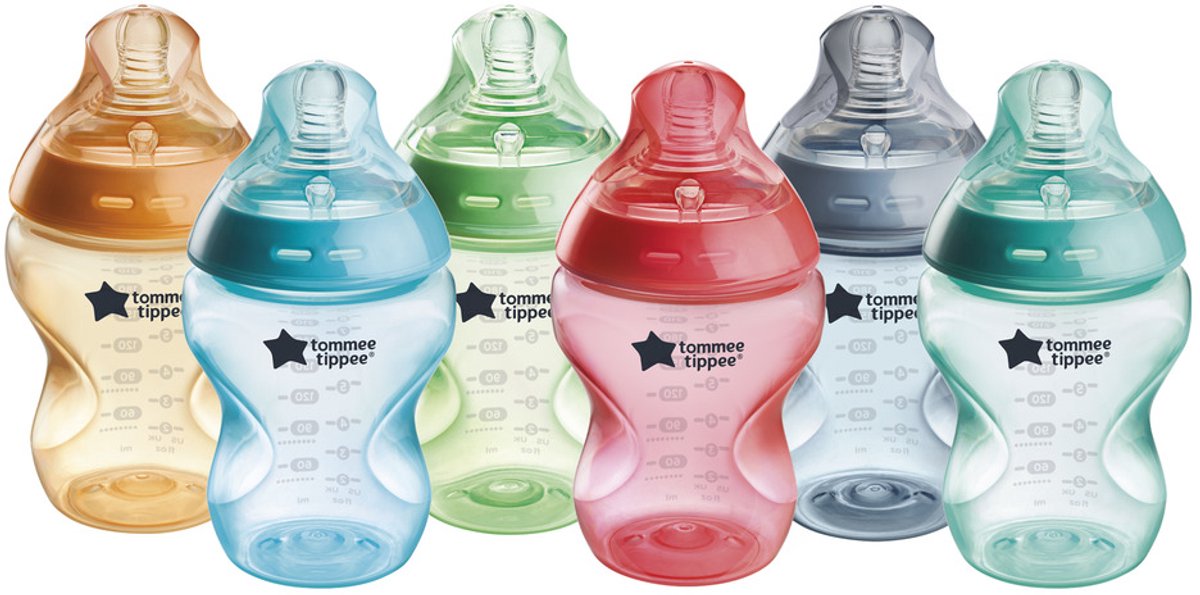 Biberons Tommee tippee natural start, lot de 6 biberons de 260 ml - faible vitesse d'alimentation 0m+ - colorés