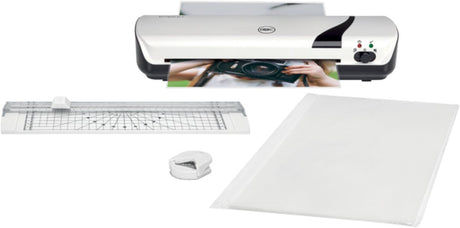 Plastifieuse Gbc inspire+ - blanche - a4 - 25 microns avec kit hobby, incl. 1x arrondisseur de coins, 1x machine de découpe de rouleaux de papier et un pack de démarrage avec 5 pochettes de plastification A4.