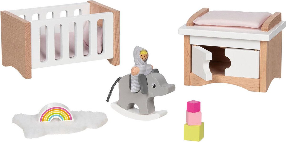 Meubles pour maison de poupée Goki : chambre d'enfant design, 12 pièces, 10,2x6x5,5cm (lit), bois de hêtre et tissu, 3+