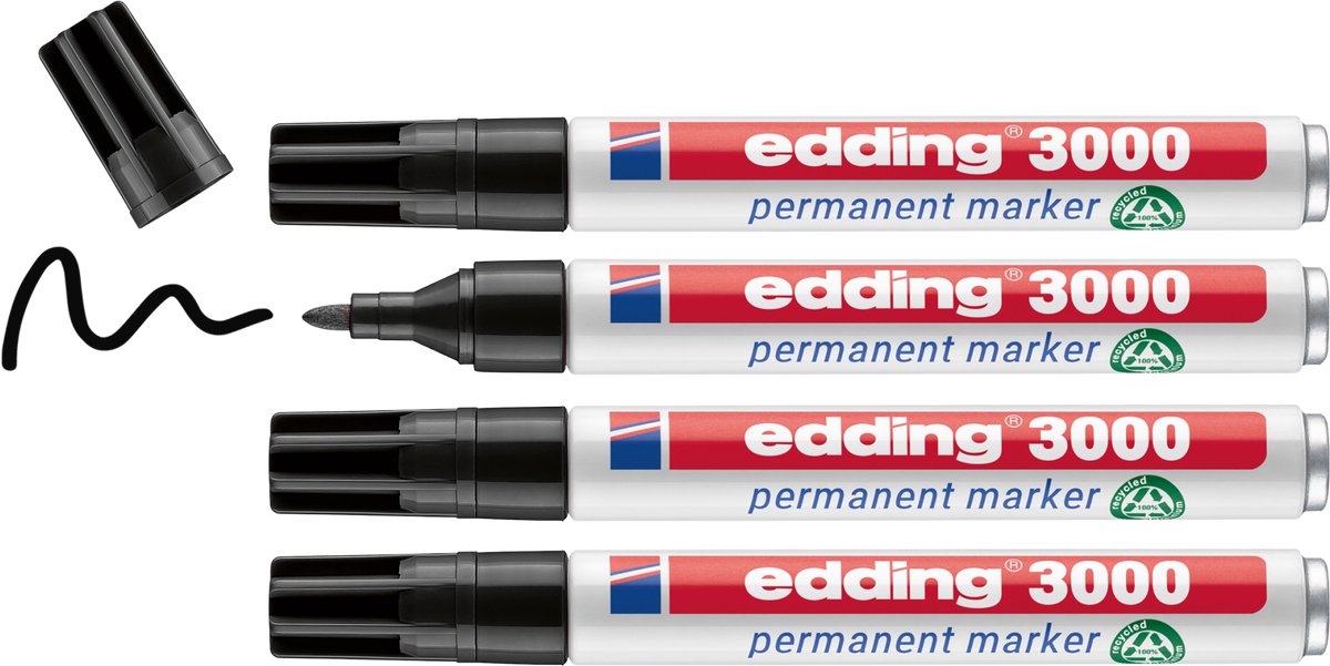 Marqueur permanent Edding 3000 - noir - 4 marqueurs - pointe ronde 1,5-3 mm - résistant à l'eau et à l'abrasion - pour carton, plastique, bois, métal... - marqueurs à alcool pour adultes