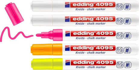 Edding 4095 krijtstiften wit 2x, neonroze, neonoranje, neongeel - 5 stuks raamstiften - krijtmarkers - ronde punt 2-3 mm - krijtstift voor krijtborden, uitwisbaar - voor het schrijven op ruiten, glas, spiegels