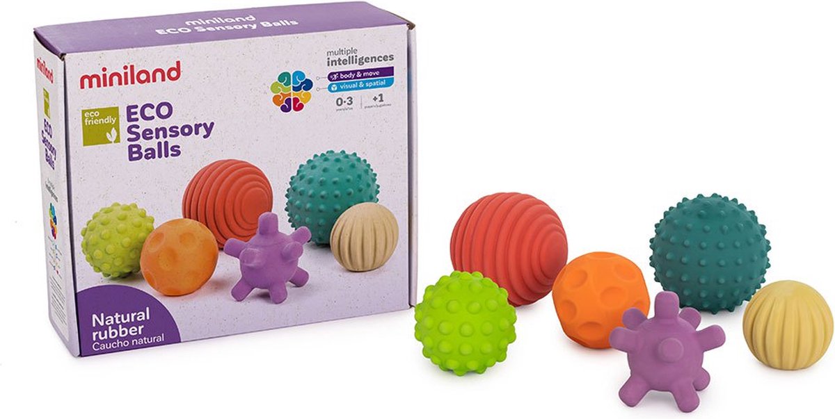 Miniland ml préscolaire eco : balles en caoutchouc diam.7cm, balles sensorielles en caoutchouc naturel, 6 pièces, boîte 15x22x9cm, 0+