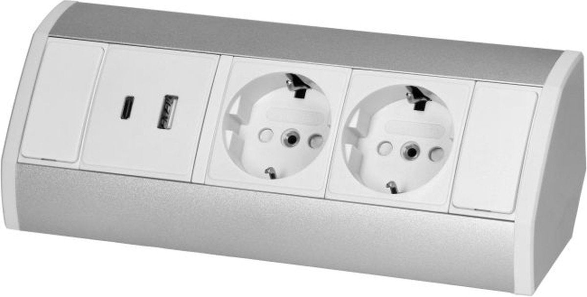 Orno hoekstekkerdoos - stekkerblok met 2 stopcontacten - usb a c - opbouw stekkerdoos met 60 cm kabel - wit zilver