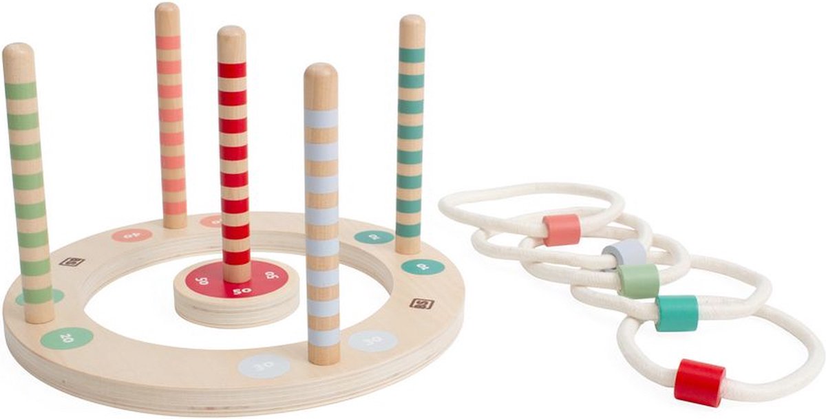 Bs Toys jeu de lancer d'anneaux en bois avec rayures, 7 pièces.