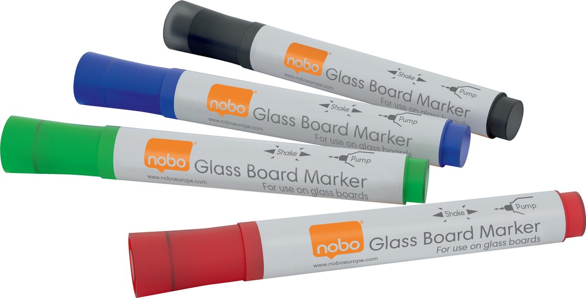 Marqueurs pour tableau en verre Nobo - 4 marqueurs pour tableau blanc - noir, rouge, bleu et vert