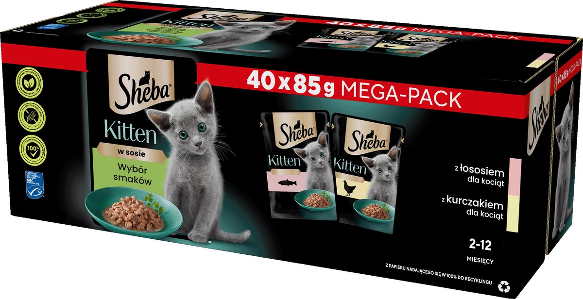 Série chaton Sheba - transformation des aliments humides - sélection des saveurs - saumon et poulet - 85g par sachet - 40 pièces
