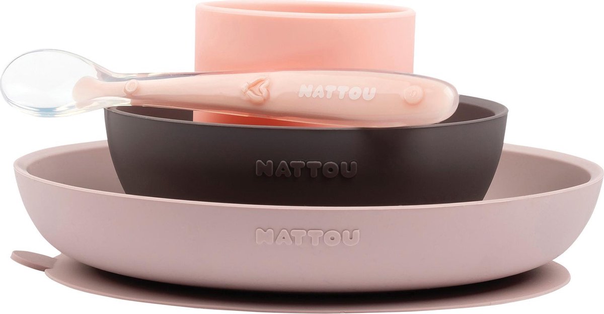 Nattou vaisselle enfant silicone - vaisselle bébé 4 pièces - rose et aubergine