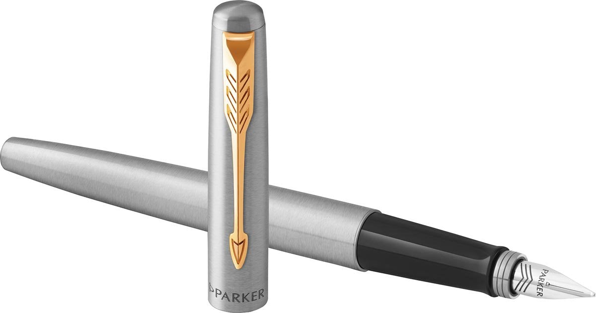 Stylo plume Parker Jotter | acier inoxydable avec finition dorée | plume moyenne avec encre bleue | coffret cadeau net