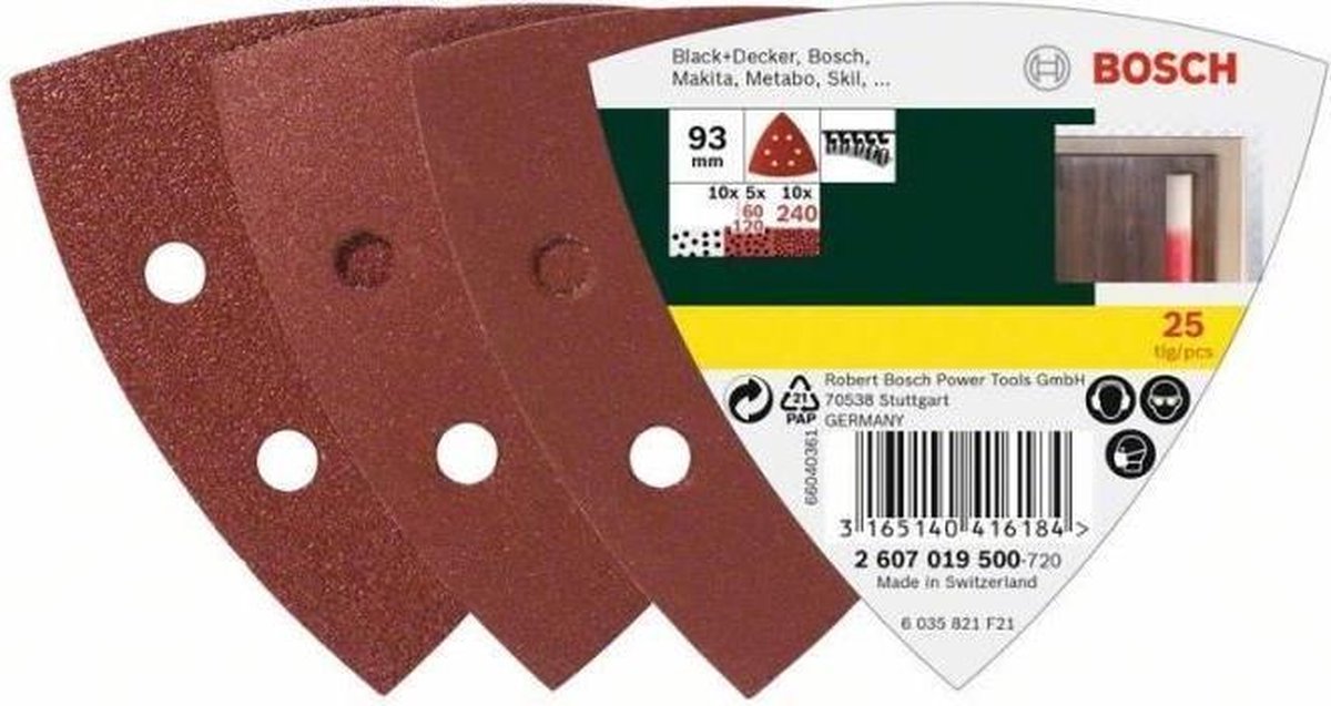 Jeu de feuilles abrasives Bosch de 25 pièces pour ponceuses Delta - grain 60 ; 120 ; 240